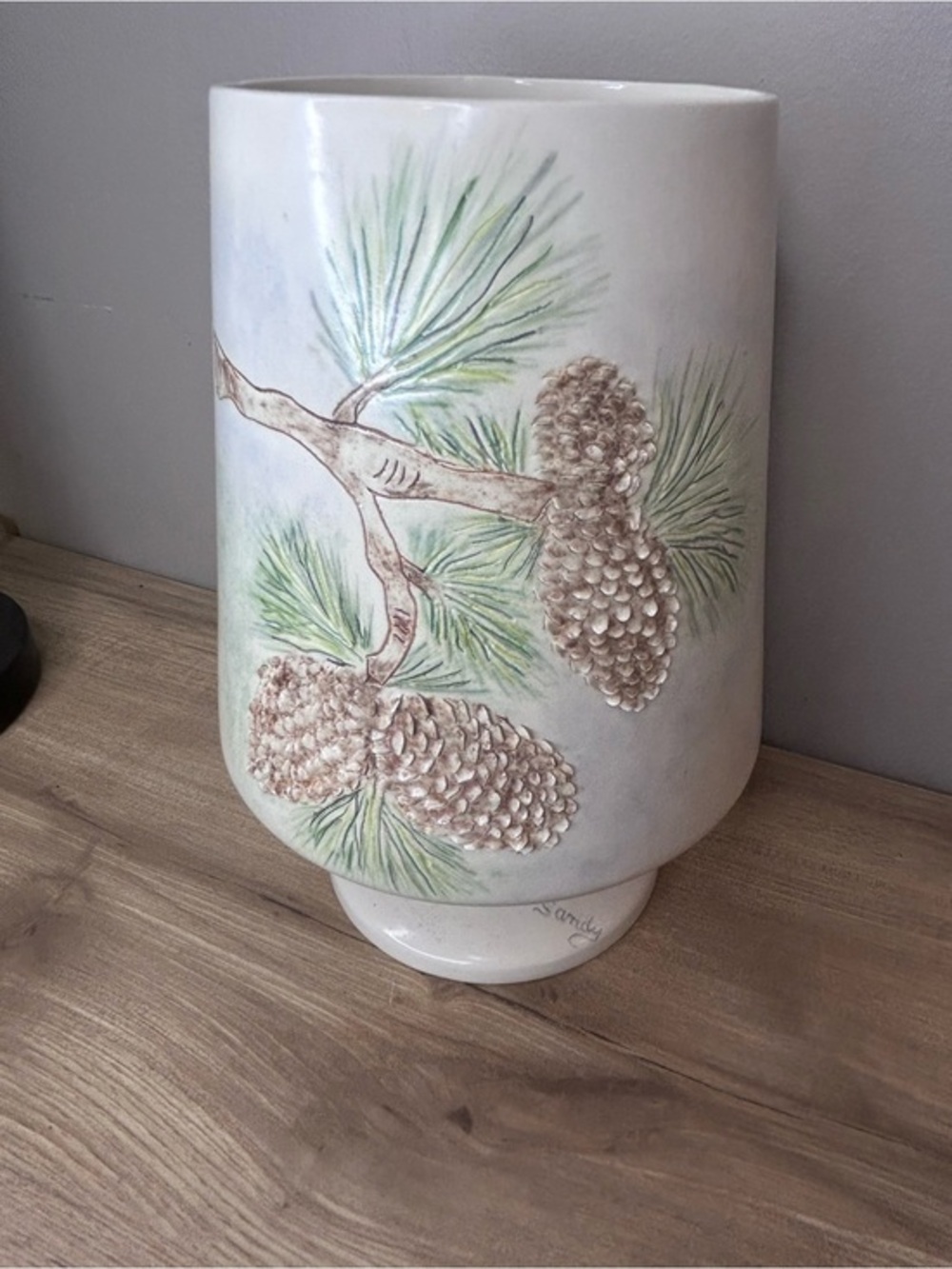 Vintage White Vase with Green and Brown Pinecone Design